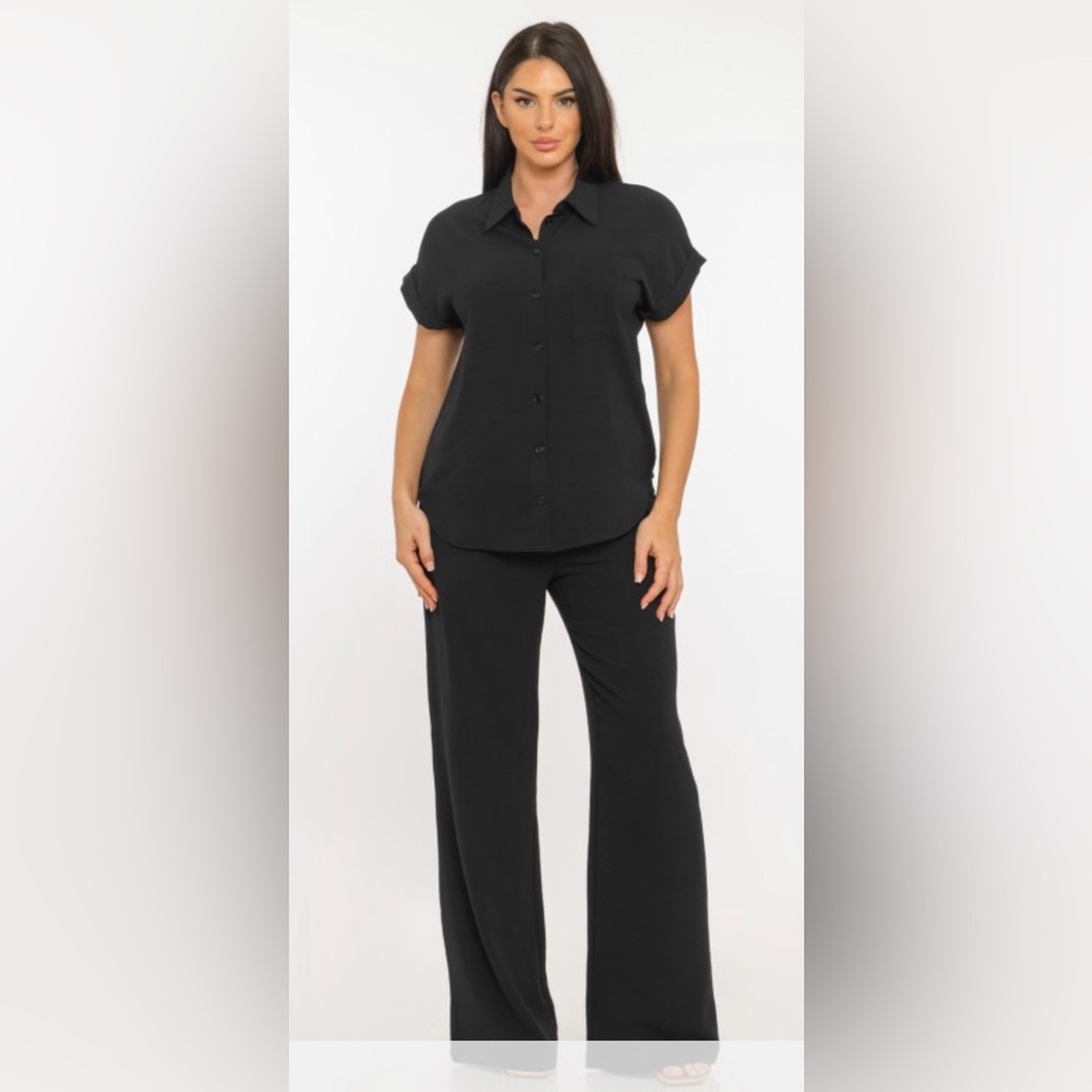 Classic Black Button-Front Short Sleeve Top & Wide-Leg Pants Set
